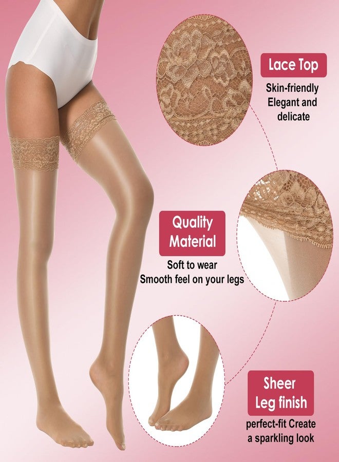 MANZI Sheer Shiny Thigh High Stockings 2 Pairs Silky lingerie Pantyhose for Women with Stay Up Silicone Lace Top(1 Natural+1 Black, L/XL) - Image 3